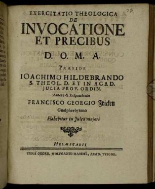 Exercitatio Theologica De Invocatione Et Precibus