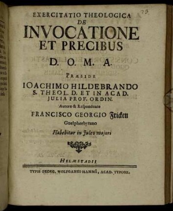 Exercitatio Theologica De Invocatione Et Precibus