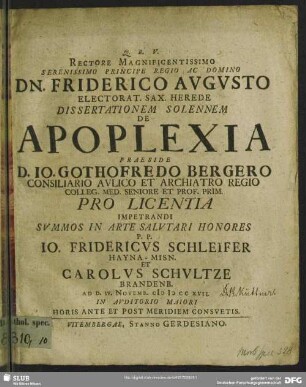 Rectore Magnificentissimo ...Dissertationem Solennem De apoplexia