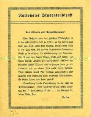 Aufruf des Nationalen Studentendienstes zur Einbringung der Heuernte
