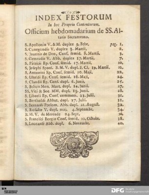 Index Festorum In hoc Proprio Contentorum.