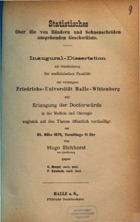 Statistisches über die von Bändern und Sehnenscheiden ausgehenden Geschwülste : Inaug.-Diss.
