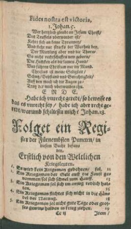 Folget ein Register der Fürnembsten Puncten/ in diesem Buche befunden.