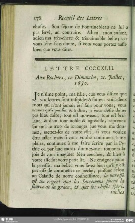 Lettre CCCCXLII. Aux Rochers, ce Dimanche, 21. Juillet, 1680