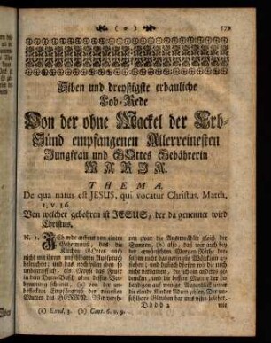 579-596, Siben und dreyßigste erbauliche Lob-Rede Von der ohne Mackel der Erbsünde empfangenen Allerreinesten Jungfrau und GOttes Gebährerin MARIA.
