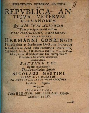 Exercitatio Historico Politica De Republica Antiqua Veterum Germanorum