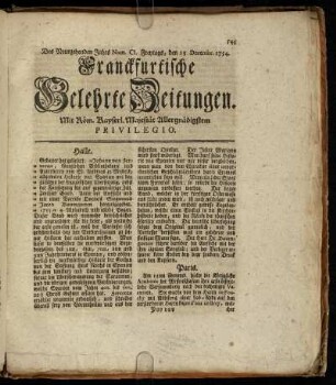 Num. CI. Freytags, den 13 Decembr. 1754 - Num. CVI. Dienstags, den 31. Decembr. 1754