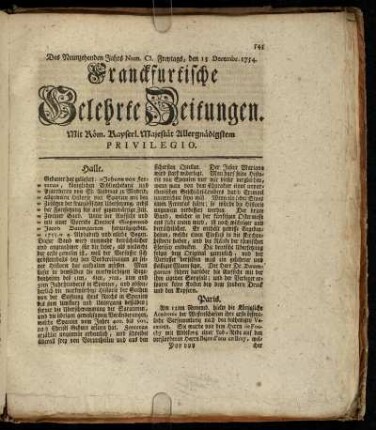 Num. CI. Freytags, den 13 Decembr. 1754 - Num. CVI. Dienstags, den 31. Decembr. 1754