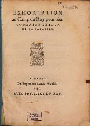 Exhortation au camp du roy pour bien combattre