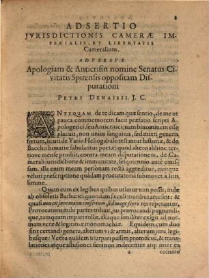 Assertio iurisdictionis Camerae Imper. et libertatis Cameralium adv. Apologiam Petri Denaisii