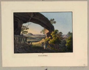 Das Prebischtor (Pravčická brána) bei Herrnskretschen (heute Hřensko, Tschechien) in der Böhmischen Schweiz, aus Richters "70 Mahlerischen An- und Aussichten ..."