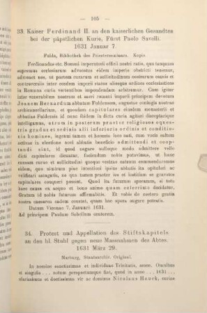 34. Protest und Appellation des Stiftskapitels an den hl. Stuhl gegen neue Massnahmen des Abtes. 1631 März 29.