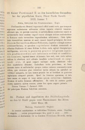 34. Protest und Appellation des Stiftskapitels an den hl. Stuhl gegen neue Massnahmen des Abtes. 1631 März 29.