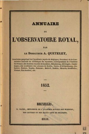 Annuaire de l'Observatoire Royal de Bruxelles. 19, 19. 1852. - 1851