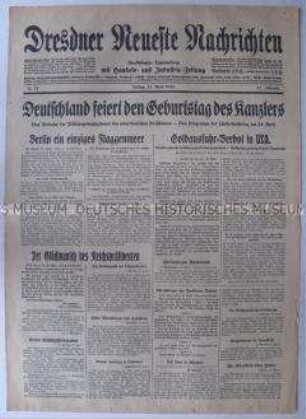 Titelblatt der Tageszeitung "Dresdner Neueste Nachrichten" zum Geburtstag Hitlers