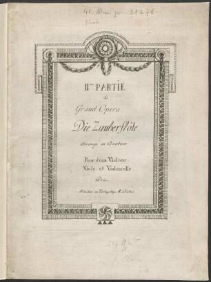II.me PARTIE de Grand Opera Die Zauberflöte : Arrangé en Quatuor Pour deux Violons, Viole, et Violoncelle