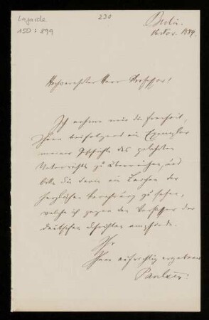 Nr. 1: Brief von Friedrich Paulsen an Paul de Lagarde, Berlin, 16.11.1884