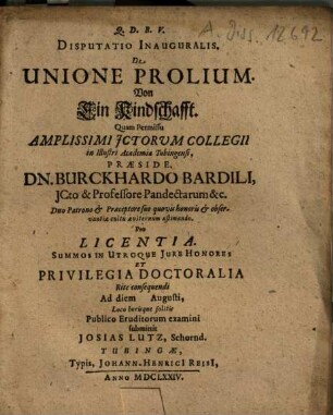 Disputatio Inauguralis, De Unione Prolium : = Von Ein Kindschafft