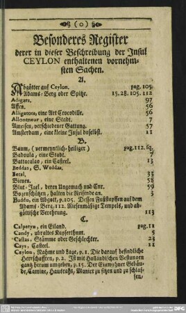Besonderes Register derer in dieser Beschreibung der Insul Ceylon enthaltenen vornehmsten Sachen