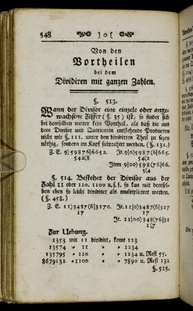 Von den Vortheilen bei dem Dividiren mit ganzen Zahlen.