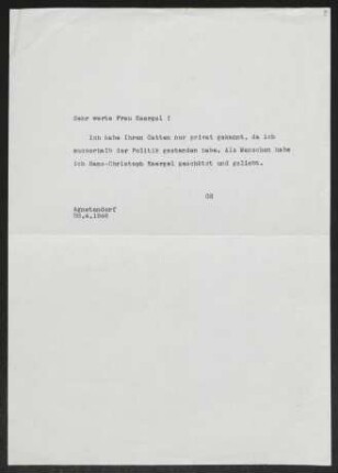 Brief von Gerhart Hauptmann an Trude Kaergel