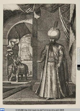 Süleyman, Sultan des Osmanischen Reichs, im Hintergrund die Süleymaniye-Moschee (Süleymaniye Camii)