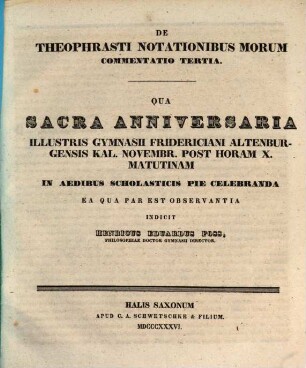 Sacra anniversaria illustris Gymnasii Fridericiani Altenburgensis ... rite celebranda indicit. 1836