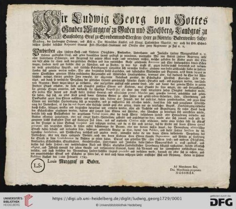Wir Ludwig Georg von Gottes Gnaden Marggraf zu Baden und Hochberg [...]