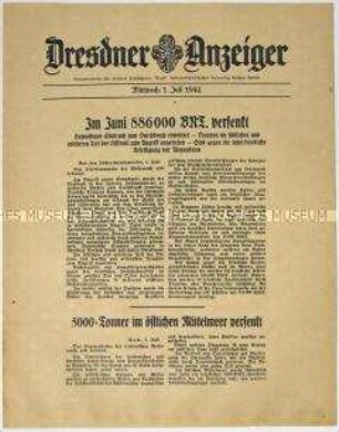 Nachrichtenblatt "Dresdner Anzeiger" mit Meldungen des Oberkommandos der Wehrmacht und des italienischen Oberkommandos u.a. zum Kampf um Sewastopol