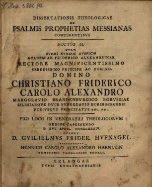 Dissertationis theologicae de Psalmis prophetias Messianas continentibus : [Sectio II.]