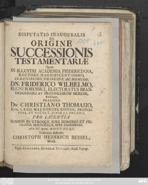 Disputatio Inauguralis De Origine Successionis Testamentariæ