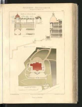 Villa in Zürich. Prof. F. Bluntschli, Architekt. Pavillon der mittleren Terrasse, Schnitt u. Lageplan