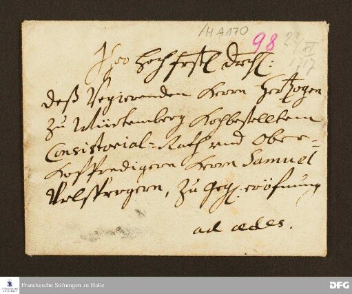 Brief von F. E. Scheinemann an Samuel Urlsperger.