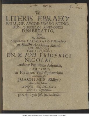 De Literis Ebraeorum, Graecorum & Latinorum Quibusdam Mnemonicis Dissertatio