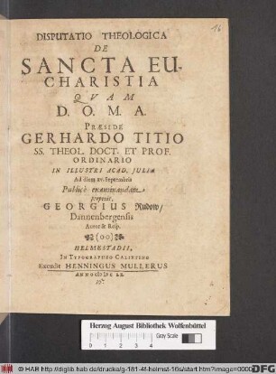 Disputatio Theologica De Sancta Eucharistia