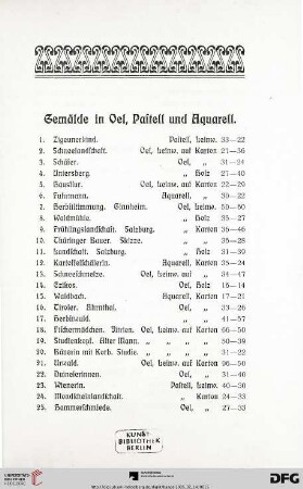 Gemälde in Öl, Pastell und Aquarell (Nr. 1-220)