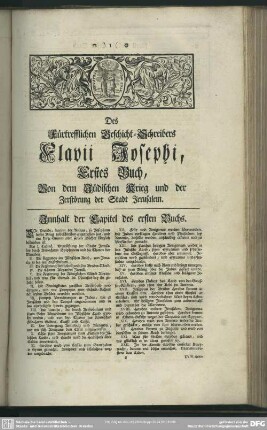 Des Fürtrefflichen Christlichen Geschicht-Schreibers Flavii Josephi [Erstes bis siebentes Buch von dem Jüdischen Krieg und der Zerstörung der Stadt Jerusalems]