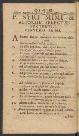 P. Syri Mimi & Aliorum Selectae Sententiae