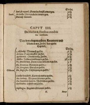 IIII. De Herbis & Floribus conditis seu conservis. Von den eingemachten Kreuttern und Blumen mit Zucker