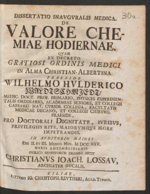 Dissertatio Inauguralis Medica. De Valore Chemiae Hodiernae