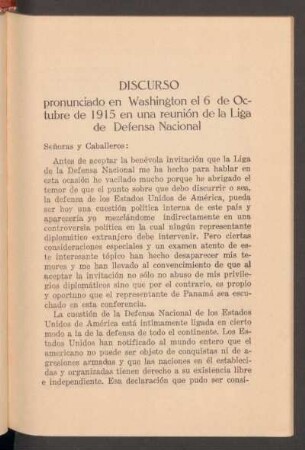 Discurso pronunciado en Washington el 6 de Octubre de 1915 en una reunión de la Liga de Defensa Nacional