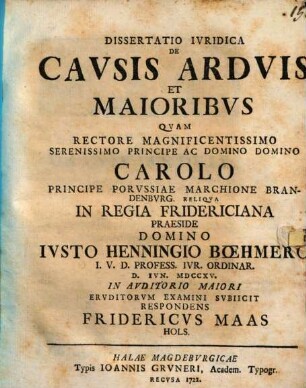 Dissertatio iuridica de causis arduis et maioribus
