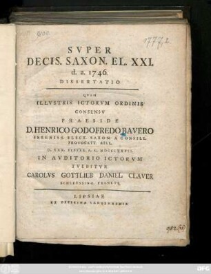Svper Decis. Saxon. El. XXI. d. a. 1746. : Dissertatio