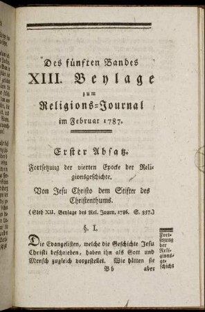 Des fünften Bandes XIII. Beylage zum Religions-Journal im Februar 1787