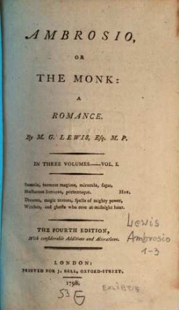 Ambrosio, Or The Monk : A Romance, 1