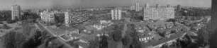 180° Panorama, Blick auf die Bauaustellung Interbau 57 vom Wohnhaus Giraffe über Hansaplatz bis Richtung Siegessäule. Berlin-Hansaviertel, Händelallee