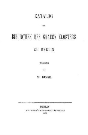 Katalog der Bibliothek des Grauen Klosters zu Berlin
