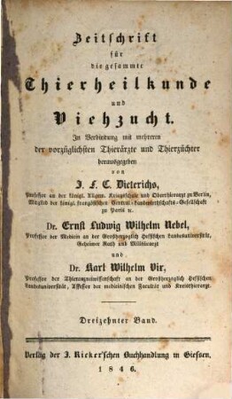 Zeitschrift für die gesammte Thierheilkunde und Viehzucht, 13. 1846