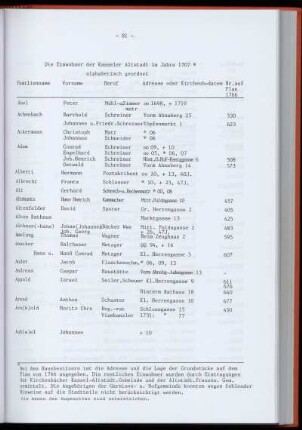 Adressen der Einwohner der Altstädter Gemeinde im Jahre 1707