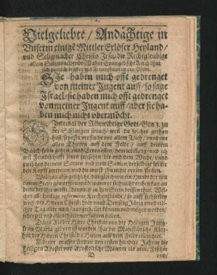 Vielgeliebte/ Andächtige in Unserm einige Mittler Erlöser Heyland/ und seligmacher Christo Jesu ...